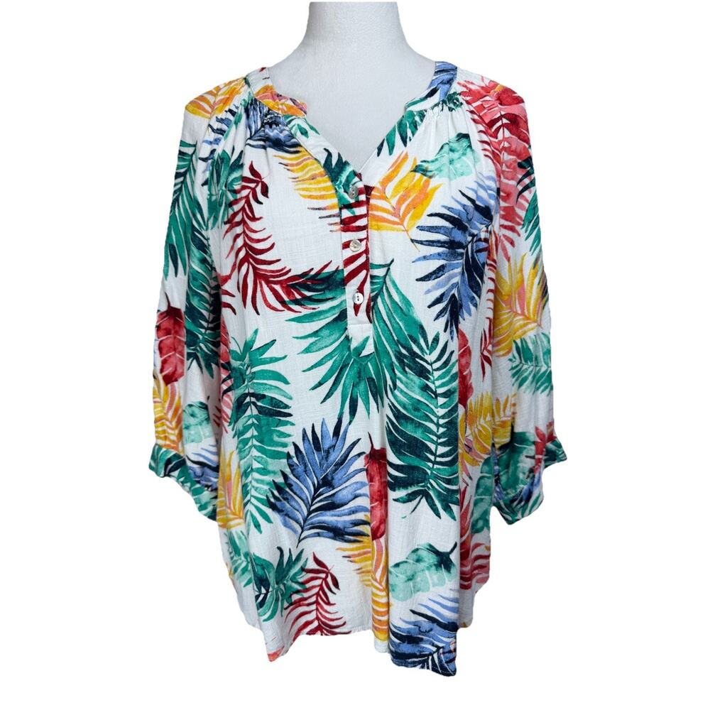 Ruby Rd. Women's Blouse Top Sz M‎ Colorful Linen Blend 3/4 Sleeves Tropical